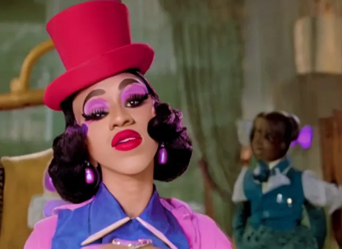 Prompt: film still of Cardi B as Willy Wonka in Willy Wonka and the Chocolate Factory 1971