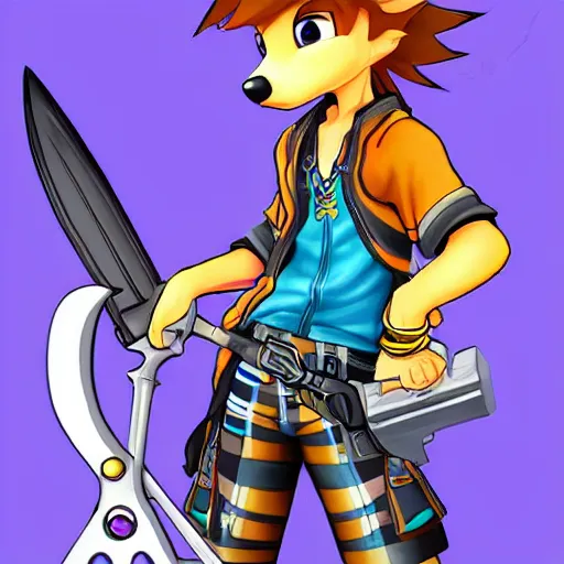 Image similar to sora, from kingdom hearts, holding the artemis keyblade, in the art style of zootopia