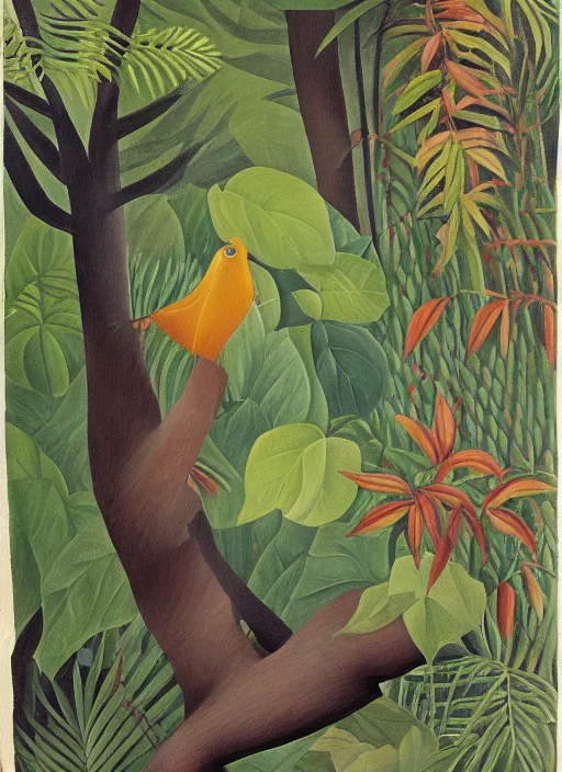 Prompt: rare bird in the jungle, style of henri rousseau