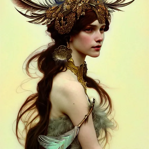 Prompt: Portrait of a winged girld wearing an intricate feather headdress, fantasy, intricate, elegant, highly detailed, digital painting, artstation, concept art, smooth, sharp focus, illustration, art by Krenz Cushart and Artem Demura and alphonse mucha