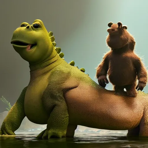 Image similar to Movie still of Kanye West riding an aligator in the movie Shrek, splash art, movie still, cinematic lighting, dramatic, octane render, long lens, shallow depth of field, bokeh, anamorphic lens flare, 8k, hyper detailed, 35mm film grain