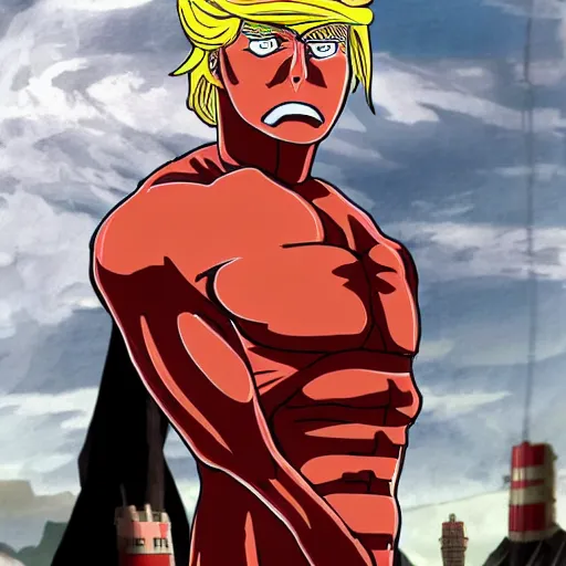 Prompt: donald trump as colossal titan from attack on titan anime