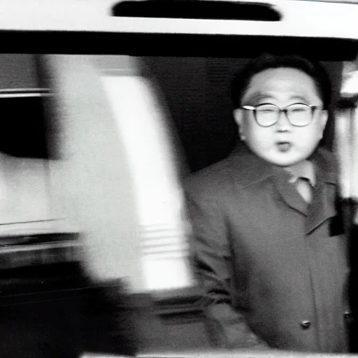 Image similar to 1960s press archive of middle-aged Kim Jong-il coming out of a car, face obscured, Reuters, 35mm film, film grain, mysterious exterior, motion blur, crowd, kaiju-eiga in the background, underexposed