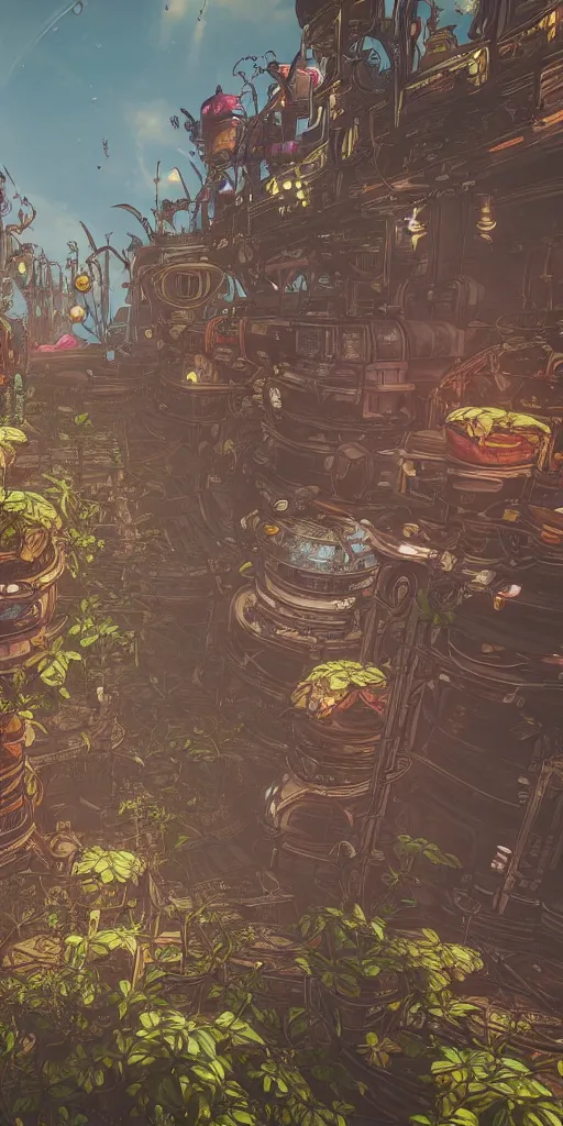 Image similar to steampunk flowers on a steampunk land in the borderlands 3 style, smooth, cinematic, wet reflections, ray tracing x, rtx, smooth