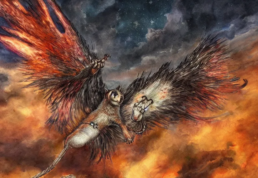 Image similar to the legendary fire winged possum is flying over a medieval castle under the dark starred sky, dark fantasy, watercolor, dreaming illusion, highly detailed, 4k, trending on Artstation, award-winning