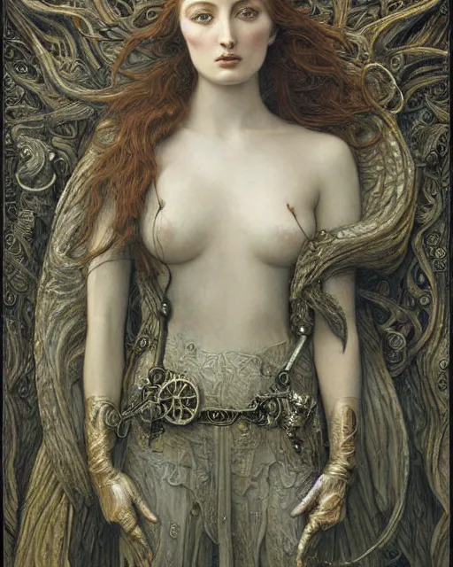 Prompt: in the style of beautiful sophie turner, steampunk, detailed and intricate by jean delville, gustave dore and marco mazzoni, symbolist, visionary, gothic, pre - raphaelite