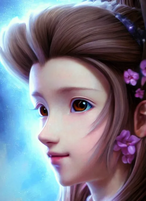 Prompt: Aerith Gainsborough stares intently at you. a bit surreal. ultra detailed painting at 16K resolution and epic visuals. epically surreally beautiful image. amazing effect, image looks crazily crisp as far as it's visual fidelity goes, absolutely outstanding. vivid clarity. ultra. iridescent. mind-breaking. mega-beautiful pencil shadowing. beautiful face. Ultra High Definition. processed twice. polished marble.