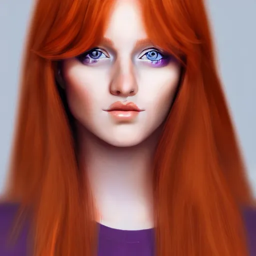 Image similar to woman with long ginger hair and purple eyes in semi realism style, trending on artstation