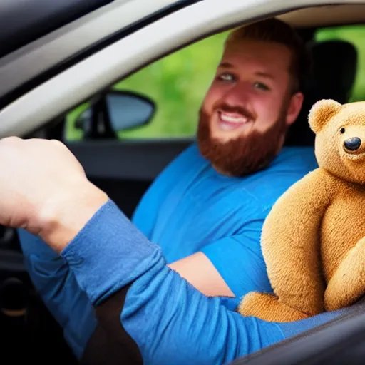 Prompt: guy driving a car with a bear in the front seat