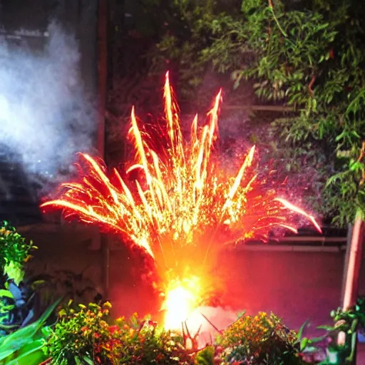 Image similar to small home garden with a rammstein concert pyrotechnics display