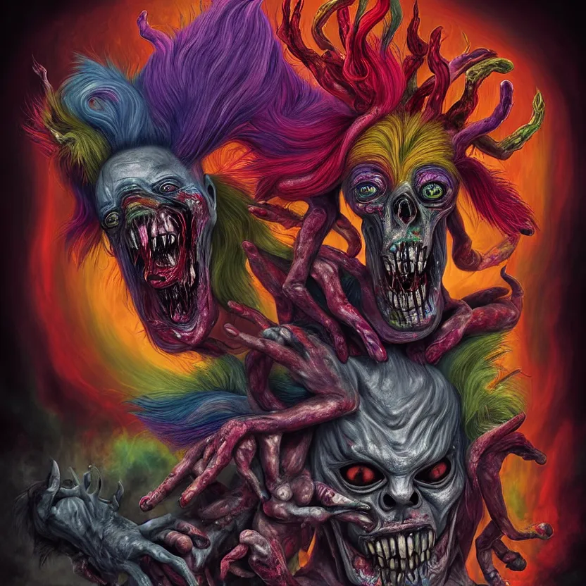 Prompt: a beautiful, colorful, flesh - eating, whimsical demon with rainbow fur, seven arms, seven legs, three heads, by alexandro judorowski and basia tran, fear, morbid, nightmare, supernatural, 8 k, digital art, highly detailed, chiaroscuro, creepy, terrifying