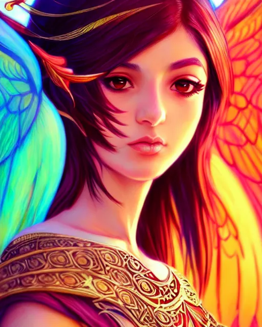 Image similar to 3 / 4 view of an arab girl with wings, confident pose, pixie character, video game genshin impact, intricate, elegant, sharp focus, illustration, bright colors, concept art, matte, magali villeneuve, artgerm, anime, trending on artstation