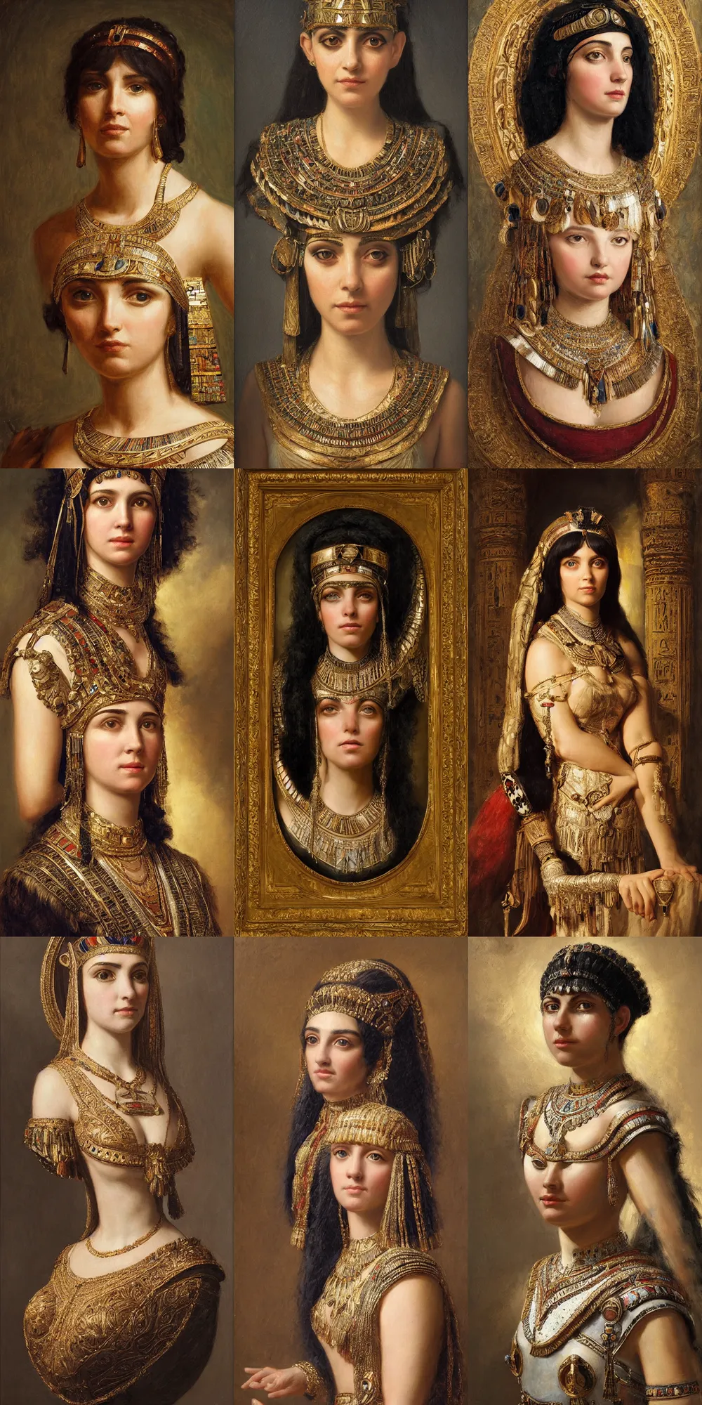 Prompt: a stunning and noble highly detailed romantic period style portrait of Cleopatra, by Josep Tapiró Baró, trending on artstation, oil painting masterpiece, symmetry, fractals, Egyptian iconography