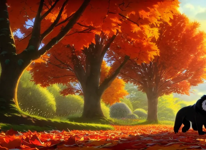 Image similar to a wholesome animation key shot of a black tibetan spaniel, autumn trees in the background, autumn leaves in the foreground, studio ghibli, pixar and disney animation, sharp, rendered in unreal engine 5, anime key art by greg rutkowski, bloom, dramatic lighting