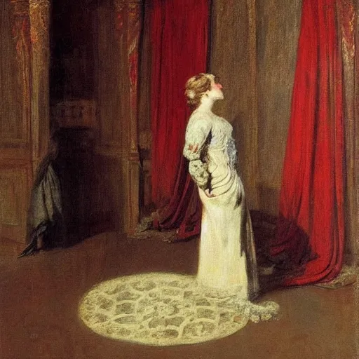 Image similar to a theatre actress waiting for the curtain to fall, by alfred stevens