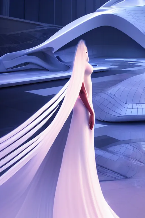 Image similar to a futuristic scene character sheet for long pink haired beautiful thin woman in a white flowing futuristic dress, in front of a zaha hadid building, cinematic matte painting, extreme detail photo quality, dark moody colors, featured on behance