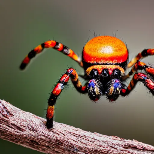 Prompt: a colorful spider hanging on its web. nature photography. macrophotography. NIKON D800E + 105mm f/2.8 @ 105mm, ISO 400, 1/1000, f/3.5