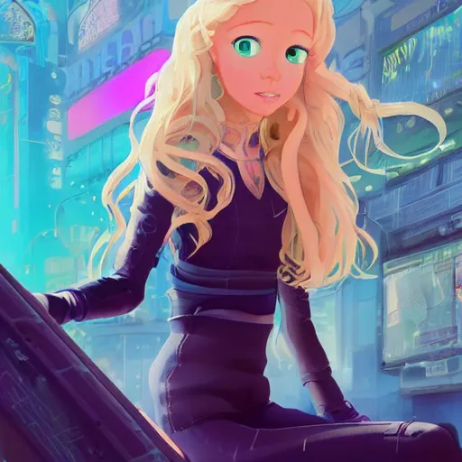 Image similar to a cute 2 0 years old girl with long curly blonde hair, with blue eyes, in a cyberpunk setting, artstation, elegant, highly detailed, digital painting, concept art, smooth, sharp focus, illustration, art by don bluth and michel ocelot and makoto shinkai and tom whalen and atey ghailan and akihiko yoshida