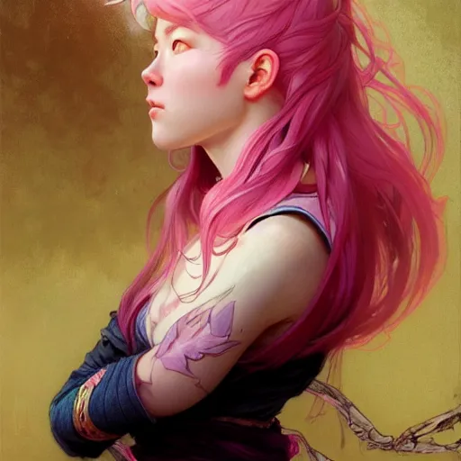 Image similar to Portrait of a eurasian tomboy with pink hair, glowing skin, fantasy, intricate, elegant, highly detailed, digital painting, artstation, concept art, smooth, sharp focus, illustration, art by Krenz Cushart and Artem Demura and alphonse mucha