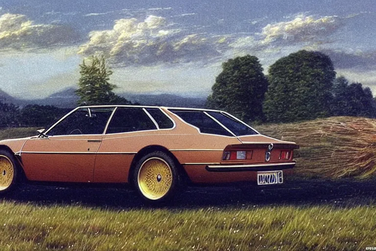 Image similar to intricate, 3 d, 1 9 7 0 bmw m 1 two - door wagon estate, style by caspar david friedrich and wayne barlowe and ted nasmith.