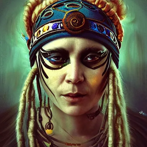 Image similar to A young blindfolded shaman woman with a decorated headband, in the style of heilung, blue hair dreadlocks and wood on her head, atmospheric lighting, intricate detail, cgsociety, ambient light, dynamic lighting, art by karol bak