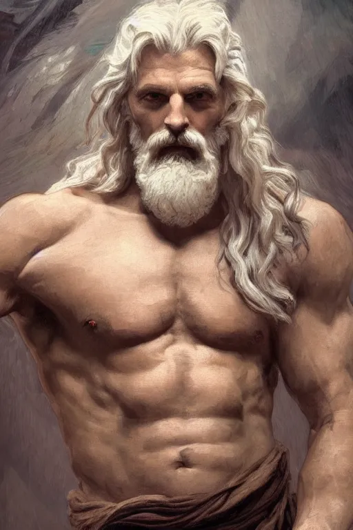 Prompt: painted portrait of rugged zeus, asymmetrical, god of thunder, greek god, white hair, masculine, mature, handsome, upper body, muscular, hairy torso, fantasy, intricate, elegant, highly detailed, digital painting, artstation, concept art, smooth, sharp focus, illustration, art by gaston bussiere and alphonse mucha