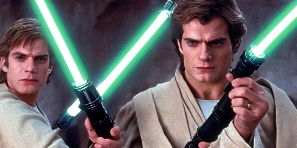 Image similar to a still from a film featuring clean shaven henry cavill as jedi master luke skywalker, holding a green lightsaber by the hilt, 3 5 mm, directed by steven spielberg, 1 9 9 4