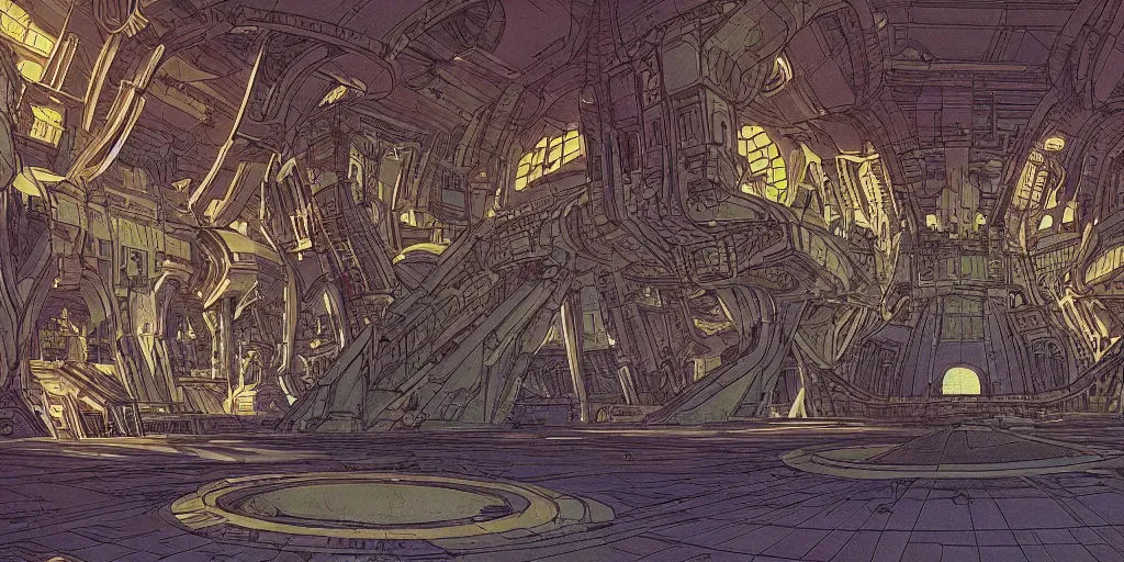 Image similar to cel shaded cinematic shot of the interior of a sci-fi space station with ornate Elven architecture, epic castle, illustration, sharp focus, concept art by Moebius, Jean Giraud Moebius