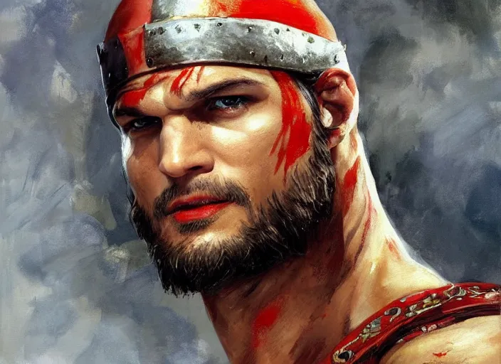 Prompt: a highly detailed beautiful portrait of ashton kutcher as kratos, by gregory manchess, james gurney, james jean