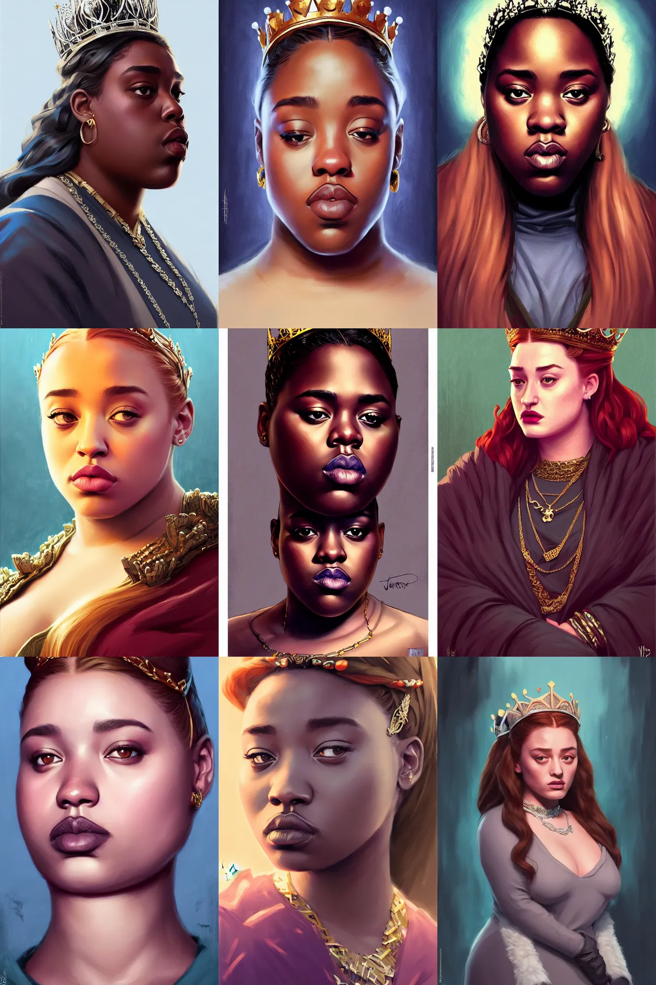 Prompt: the notorious b. i. g. as sansa stark as queen, animation pixar style, shaded lighting poster by magali villeneuve, artgerm, jeremy lipkin and michael garmash, rob rey and kentaro miura style, trending on art station