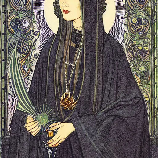 Prompt: portrait of hildegard von bingen, full illustration of beautiful!!! girl, the prophecies of god swirling in the air with moon and stars, style of dante gabriel rossetti