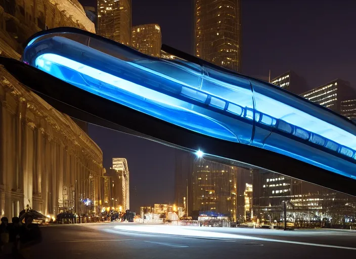 Prompt: transparent long dark blue plastic hyperloop by zaha hadid, space capsule glowing in the dark, dark