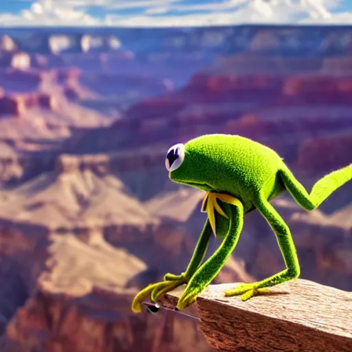 Image similar to kermit the frog walking a tightrope across the grand canyon, photorealistic, cinematic,
