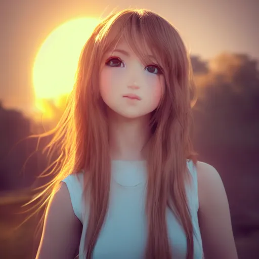 Image similar to Render of a very beautiful 3d anime girl, long hair, hazel eyes, cute freckles, full round face, short smile, cute sundress, golden hour, serene clouds setting, medium shot, mid-shot, highly detailed, trending on Artstation, Unreal Engine 4k