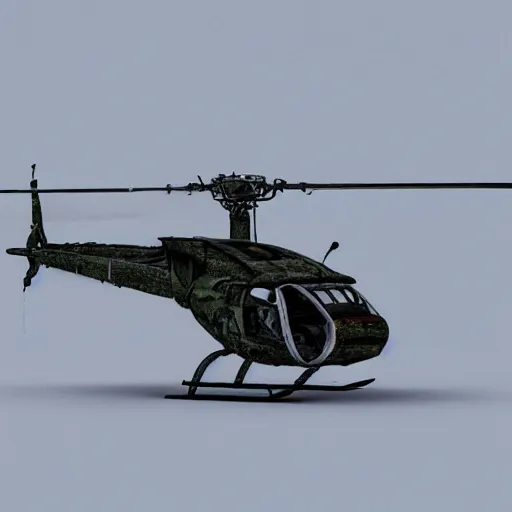 Prompt: helicopter made out of scrap, in snowstorm, apocalyptic, artstation