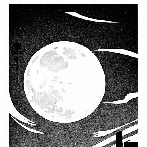 Image similar to full moon, style of shuzo oshimi, black outline, on white, smooth, thin sharp lines, detailed