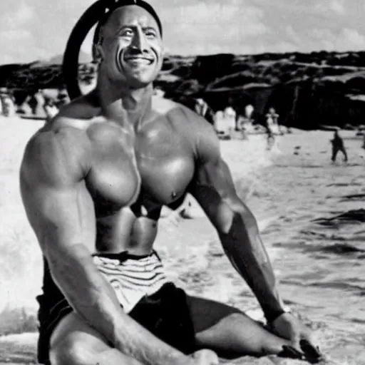 Image similar to a 1940s photograph of Dwayne Johnson having a lovely day at the beach