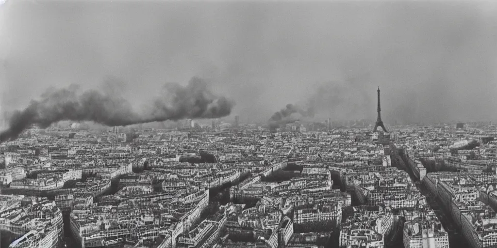 Image similar to extensive smoke rising from the top of the eiffel tower, aerial view, several police cars and crowds running across the ground, polaroid, 6 0's, hyperrealism, no blur, 4 k resolution, ultra detailed