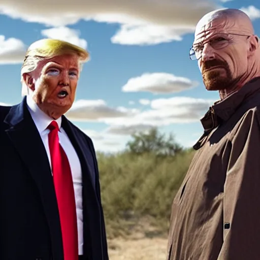 Image similar to a still image of Donald Trump as Walter White in an episode of Breaking Bad