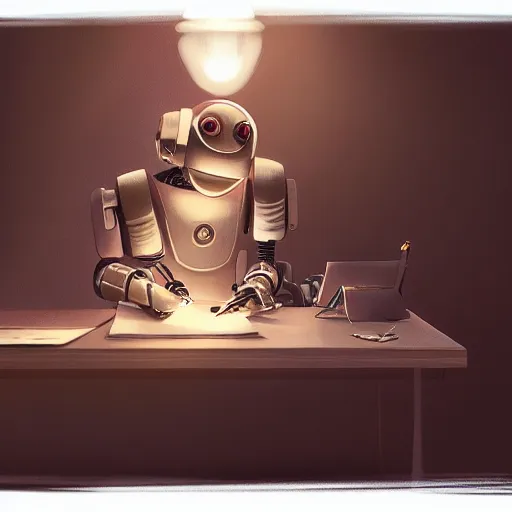 Prompt: a robot sat at a table writing a letter, intricate, cinematic lighting, highly detailed, digital painting, artstation, concept art, smooth, sharp focus, illustration