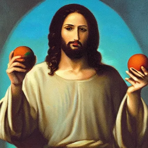 Image similar to painting of jesus holding giving two balls from each hand