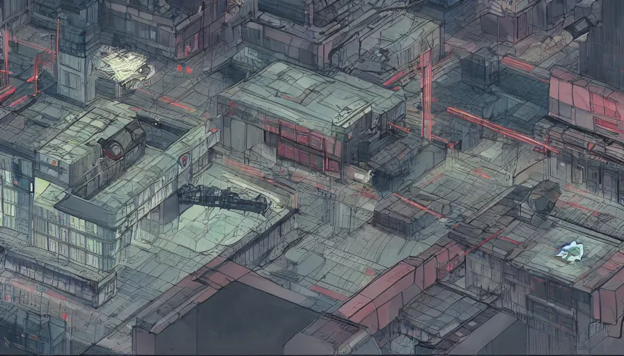 Image similar to Concept Art Illustration of neo-Tokyo Bank Headquarters Map, in the Style of Akira, Syndicate Corporation, Anime, Dystopian, Highly Detailed, Helipad, Special Forces Security, Blockchain Vault, Searchlights, Shipping Docks, For multiplayer Stealth fps bank robbery simulator, Unreal engine 5, Akira Color Palette, Inspired by MGS2 + Ghost in the shell SAC + Cowboy Bebop, 8k :4 by Arc System works + Katsuhiro Otomo : 8