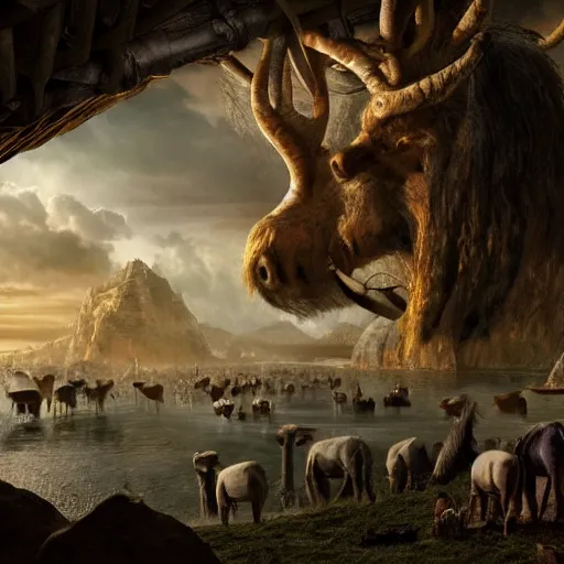 Image similar to an extremely detailed matte painting of the animals leaving noah's ark, 4 k, noah from the bible as a wizard, antediluvian, in the style of epic fantasy