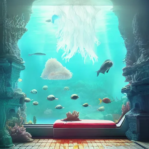 Prompt: the realistic photo of the modern room as aquarium with a big jellyfish and beautiful corals, sharks, under the ocean, realistic colors, realistic shadows, daylight made in blender, hd, 3 d by beeple by greg rutkowski and damian hirst