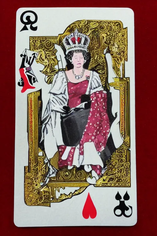 Prompt: queen elizabeth ii as quin of cards from alice in wonderlands