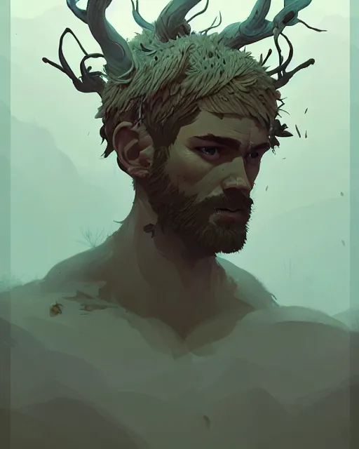 Image similar to hyper - realistic portrait of god of the forest, rugged, male, detailed face, r by atey ghailan, by greg rutkowski, by greg tocchini, by james gilleard, by joe fenton, by kaethe butcher, dynamic lighting, gradient light blue, brown, blonde cream and white color scheme, grunge aesthetic