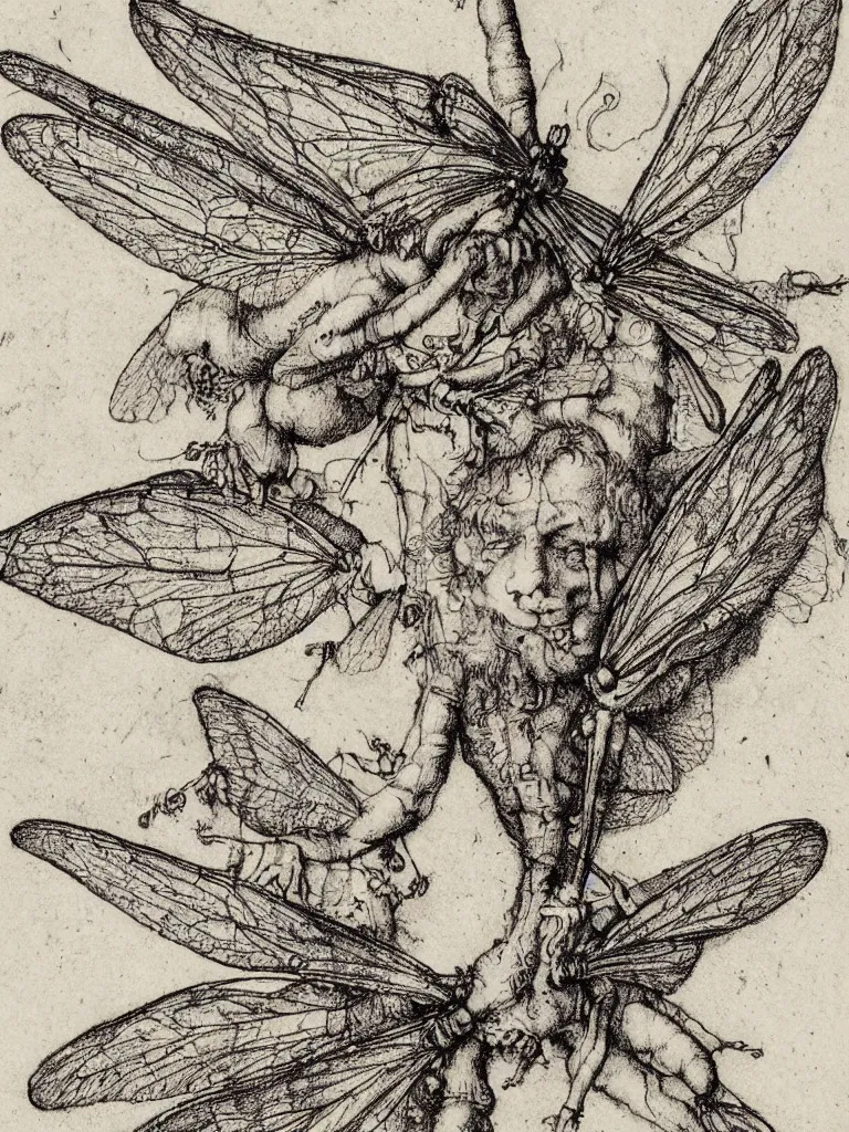 Image similar to annotated detailed sketch drawing of a fairy with dragonfly wings by albrecht durer