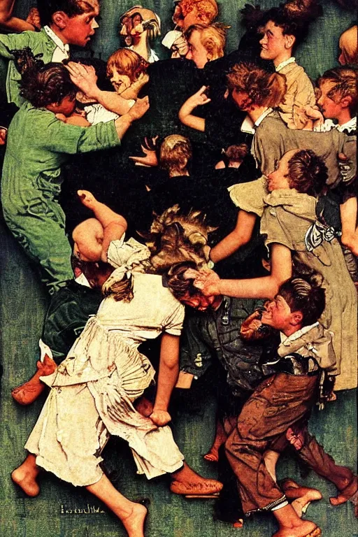 Image similar to sad lions dancing with angels by norman rockwell