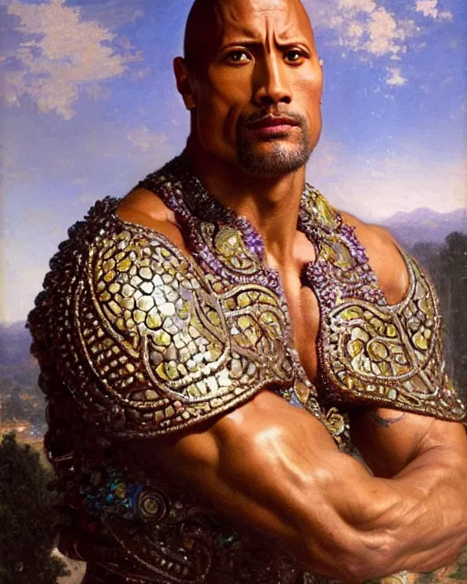 Image similar to Dwayne Johnson, dressed in ornate, detailed, intricate iridescent opal armor, detailed oil painting by William Adolphe Bouguereau and Donato Giancola