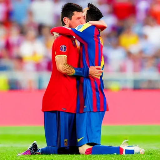 Image similar to Lewandowski and Messi kissing